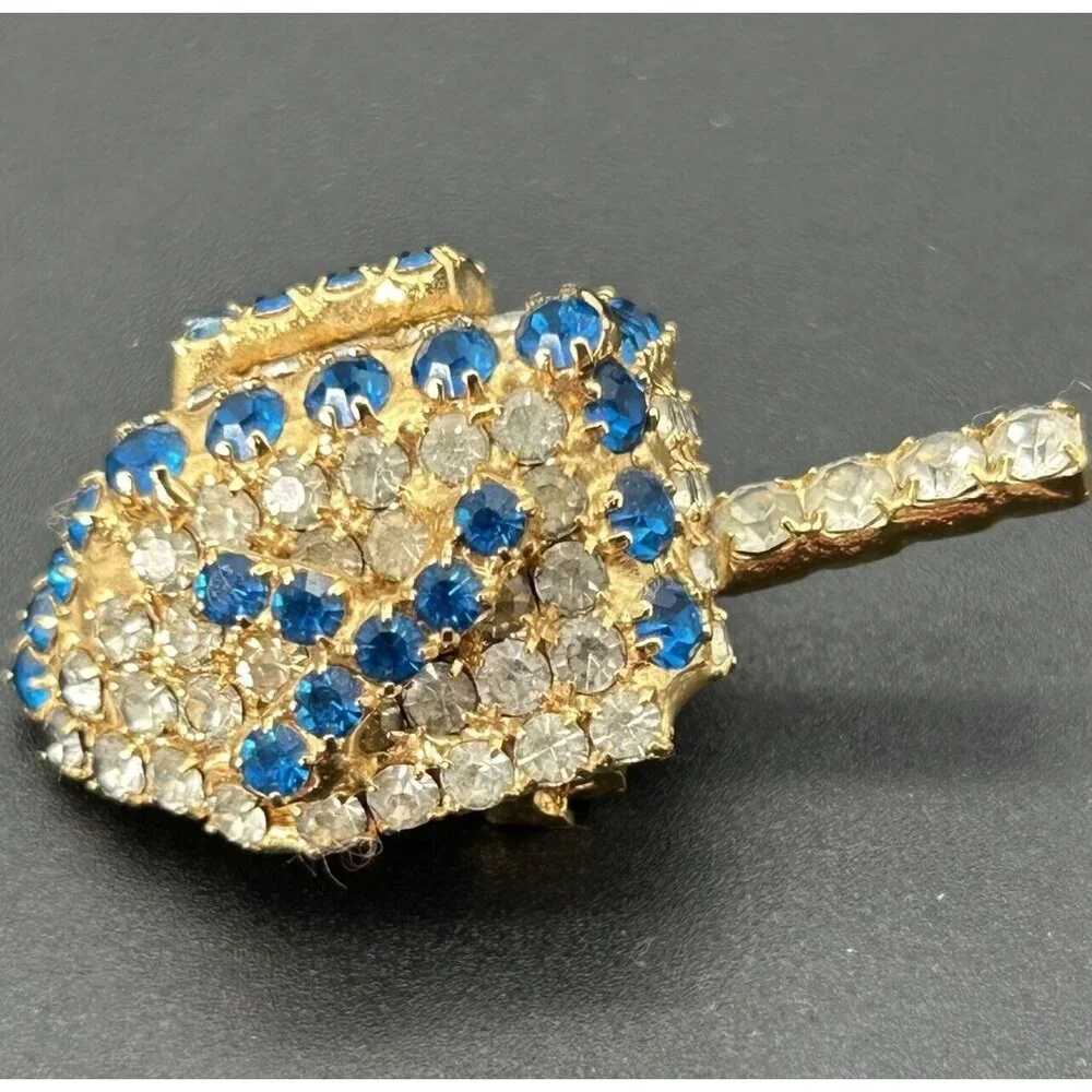 Vintage Bauer Brooch Pin Dreidel Gold Tone Clear Blue Rhinestones Bling 3D